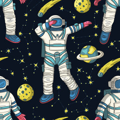 Wall Mural - astronaut seamless space vector pattern. kids doodle print moon texture platet design