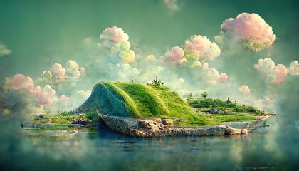 Poster - Dreamlike landscape with hilly island against fluffy clouds