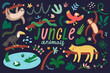 Jungle animals set, tropic mammals, swimming crocodile, hanging sloth, sleeping leopard, flying macaw parrot, various tropical leaves and trees, cute cartoon characters, vector illustrations isolated