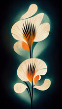 Illustration Of Abstract, Art Nouveau Style, Glowing, Luminescent Magic Flowers On A Dark Background. Light, Electric Arc. Digital Artwork. Background, Wallpaper.