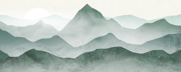 Wall Mural - Abstract art background with mountains and hills in green and blue tones in fog. Landscape banner in watercolor style for decoration, print, wallpaper, interior design.