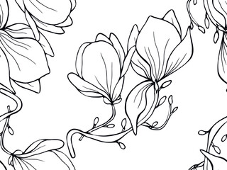 Wall Mural - Magnolia flowers seamless pattern. Hand drawn vector illustration for background, textile, wrapping paper.