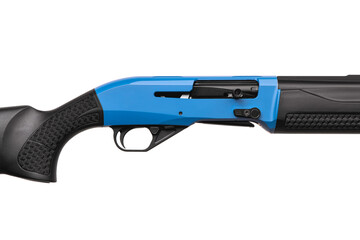 Wall Mural - Modern semi-automatic shotgun. Weapons for sports and hunting. Black blue weapon isolate on white back.