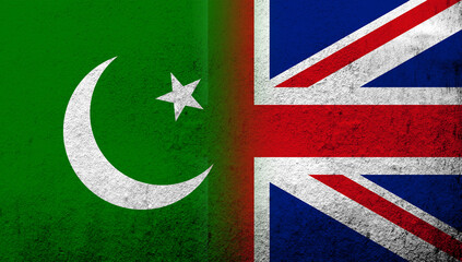 Wall Mural - National flag of United Kingdom (Great Britain) Union Jack with Pakistan National flag. Grunge background