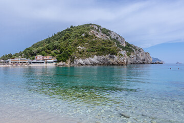 Sticker - View from Agios Spyridonas beach in Palaiokastritsa village, Corfu Island, Greece