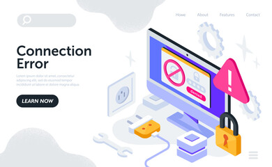 Poster - concept of network connection error. landing page design with computer screen, lock, socket and plug