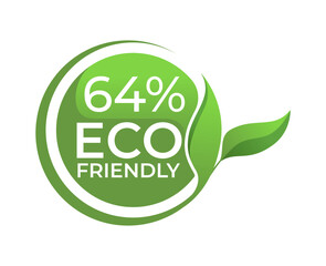 64% Eco friendly circle label sticker Vector illustration with green organic plant leaves. Eco friendly stamp icon.