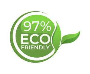 Wall Mural - 97% Eco friendly circle label sticker Vector illustration with green organic plant leaves. Eco friendly stamp icon.