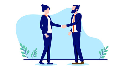 Aufkleber - Handshake between businessman and businesswoman - Man and woman shaking hands over business deal and agreement. Flat design vector illustration with white background