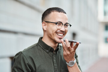 Aufkleber - young, professional and happy businessman using a phone outdoors. positive male smiling while speaki