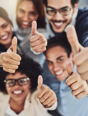 Aufkleber - Thumbs up from a happy business team excited about the success they achieve together at work. Overhead view diverse group of corporate people excited by success and give approval to winning