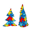 Vector set illustration autism therapy ABA. Illustration of Christmas trees in puzzles as a blank for designers, logo, icon, social therapy