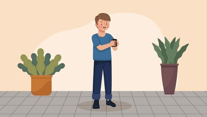 Wall Mural - man drinking coffee character animation