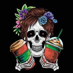 Wall Mural - Female skull with ice coffee and flower