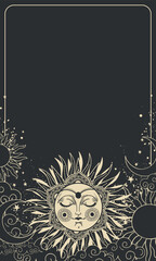 Wall Mural - vintage boho night sky background with golden moon with face and rays, astrology and horoscope frame