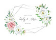 Elegant chic wedding invite, save the date card. Vector floral watercolor illustration. Dusty pink rose flower, ivory white lisanthus, green eucalyptus leaves editable bouquet, wreath, geometric frame