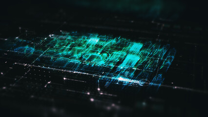 Fototapete - Advance digital generated motion abstract matrix cyber environment big data analytic artificial intelligent metaverse simulation, head up display background