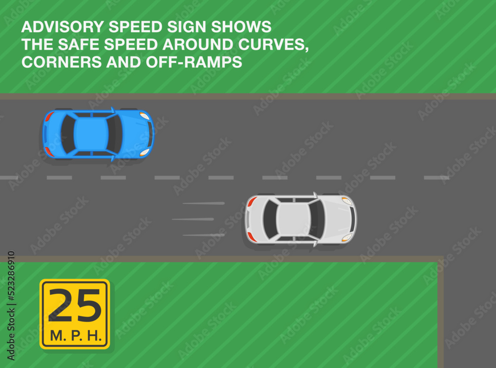 Safe driving tips and traffic regulation rules. Advisory speed sign ...