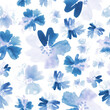 Abstract flowers in navy blue. Seamless watercolor floral pattern. 