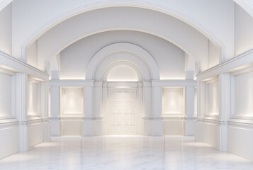 Modern classical style white hall with luxury arch door background 3d render illustration