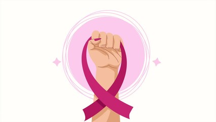 Canvas Print - breast cancer animation with hand lifting ribbon