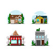 modern flat illustration design of a set of house, pizza restaurant, apartment, and lodge