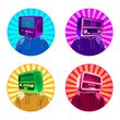 a set of modern pop art of man with radio and tv head, radio illustration, character design, and tv illustration