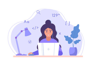 Woman programming. Student with laptop. Female character. Vector illustration