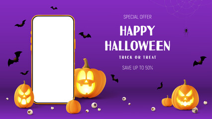 Wall Mural - Halloween sale banner template. Festive banner with 3d spooky pumpkins, smartphone, candy eyes and paper bats. Vector 3d ad illustration for promotion of Halloween sale.