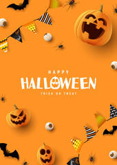 Wall Mural - Happy Halloween holiday poster. Orange festive banner with 3d spooky pumpkins, candy eyes, paper bats, spiders and garlands. Vector illustration. Happy Halloween holiday banner.