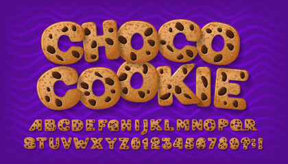 Wall Mural - Choco cookie alphabet font. Cartoon chocolate chip cookie letters and numbers. Stock vector illustration for your typography design.