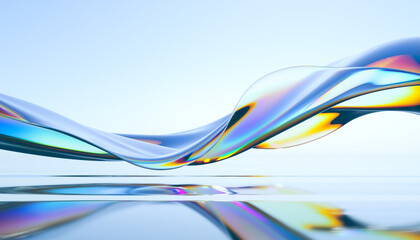 3d render abstract background in nature landscape. Transparent glossy glass ribbon on water. Holographic curved wave in motion. Iridescent design element for banner background, wallpaper.