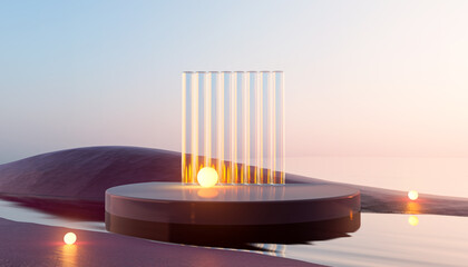 3d render round platform on water and sand with glass wall panels. Minimal landscape mockup for product showcase banner in purple color. Modern promotion mock up. Geometric background with empty space