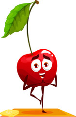 Cartoon cherry berry fruit character in yoga pose