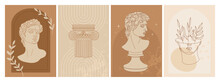 Set Of Abstract Vertical Posters With Michelangelo's David Portrait, Abstract Shapes, Column, Amphora, Mystical Elements And Plants. David One Line Art. Vector Design.