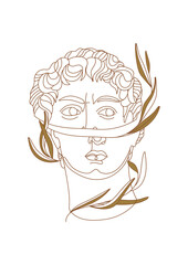 Wall Mural - Broken head of Michelangelo's David with branch. One line mystic greek sculpture. Contemporary vector art for design of posters, clothes, logo, tattoo, invitations.