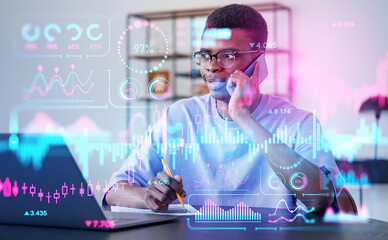 Poster - african businessman calling on the phone, forex diagrams with analysis