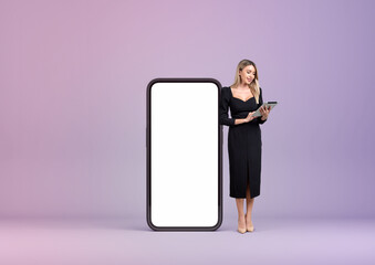 Poster - Businesswoman using tablet, mockup screen copy space on purple background