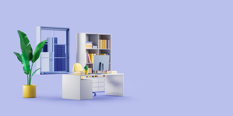 Poster - Cartoon office interior with desk and computer, shelf and window. Copy space