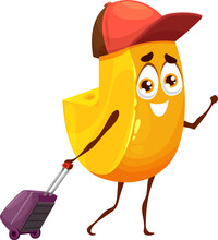 Cartoon Funny Cheese Character With Suitcase.