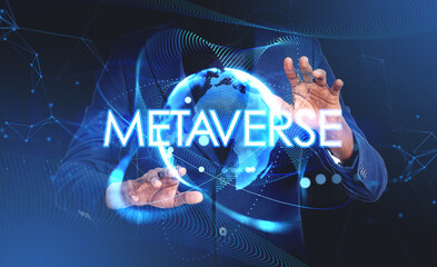 Poster - African businessman hands touching metaverse hologram, worldwide network