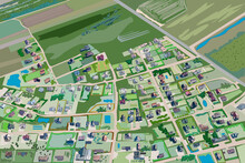Village Aerial View. Panorama Of Landscape With Houses, Fields, Way And Trees.Country Neighborhood Top View With Home Roofs And Meadows.Town From Above.Suburban Map.Big Countryside.Vector Illustration