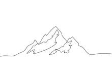 Continuous Line Drawing Of A Mountainous Landscape. Minimalist Horizon With Mountain Peaks In Simple Single Line Style. Winter Sports Adventure Concept In Doodle Style. Editable Strokes.