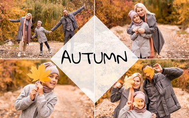 Wall Mural - family, childhood, season and people concept - happy family playing with autumn leaves in park