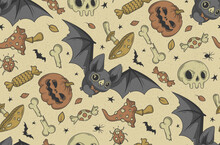 Seamless Pattern With Mushrooms, Beetles, Autumn Leaves And Halloween Traditional Symbols. Suitable For Wallpaper, Gift Paper, Pattern Fill, Web Page Background, Autumn Greeting Cards.