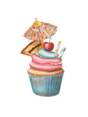 Watercolor realistic illustration of tasty cupcake with berry, chocolate and vanilla cream, paper umbrella, pineapple and cherry. Colorful bakery art for bitrhday party.