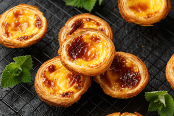 Wall Mural - Traditional Portuguese custard tarts or Pastel de Nata freshly baked and cooling on rack