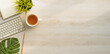 © godshutter - Flat lay of top view desk work table with Coffee computer notebook and pencil work space in minimal wood warm tone concept includes copyspace for add text or graphic