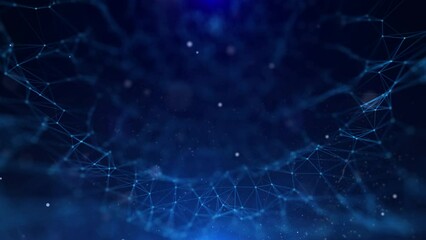Leinwandbilder - Abstract digital data network connection moving lines and dots low poly structure 4K motion. Technology blue lens flare flickering background.