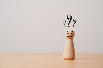 Poster - wooden figure standing with question mark for question and answer time concept.